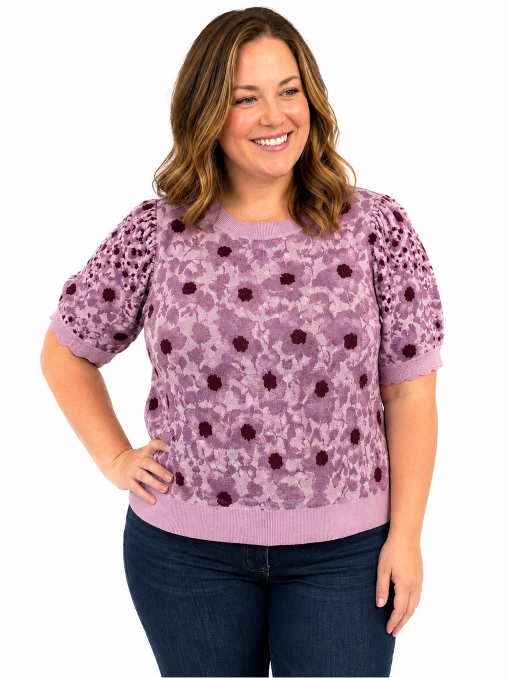 kate spade Lavender and Dark Plum Floral Short-Sleeve Sweater